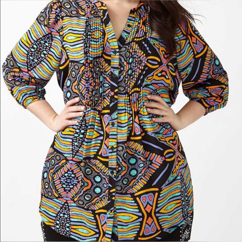 Melissa McCarthy black tribal tie back abstract print button front shirt 1X